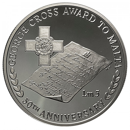 1992 * 5 Liri (Pounds) Plata Malta "50 Aniversario Premio Cruzar Jorge" (KM 100) PROOF