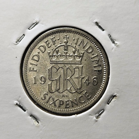 1946 * Six 6 Pence Plata Gran Bretaña "Jorge VI - Crowned Monogram" (KM 852) BC/MBC
