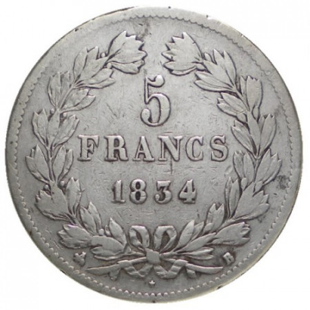 1834 B * 5 Francs Plata Francia "Domard Luis Felipe I" – Ruan (KM 749.2) cMBC