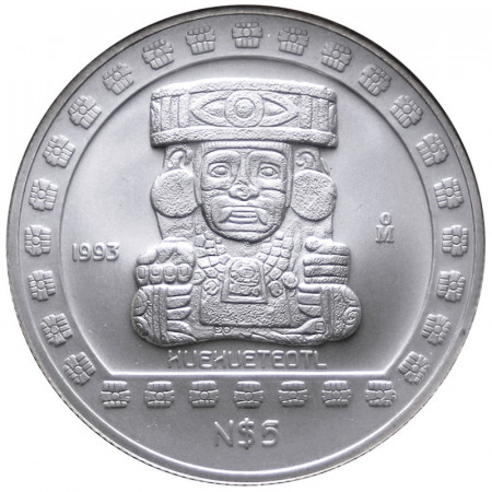 1993 * 5 nuevos pesos 1 OZ Mexico Onza de plata Huehueteotl