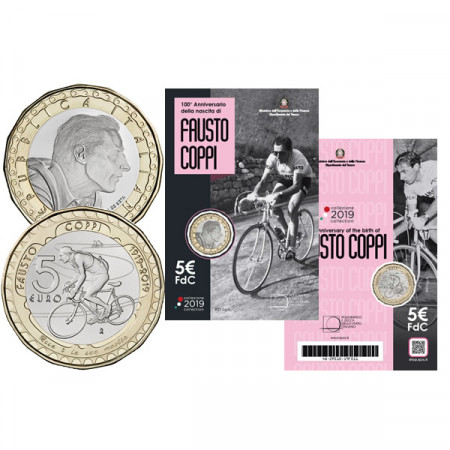 2019 * 5 Euro Bimetálica ITALIA "Centenario del Nacimiento de Fausto Coppi" FDC