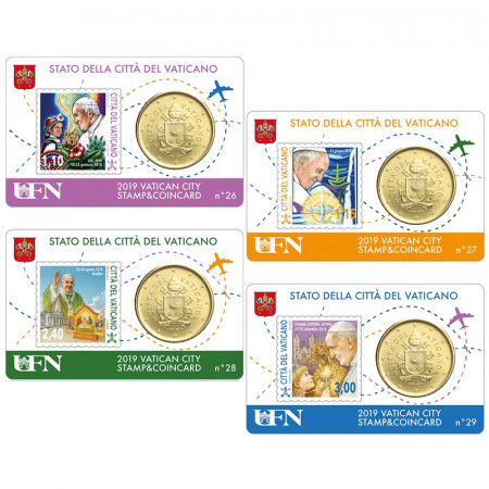2019 * 4 x Coincard VATICANO 50 Céntimos Euro "Los Viajes - Stamp and Coin" N 26-29