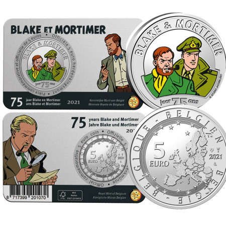 2021 * 5 Euro BELGICA "75 Años Blake e Mortimer" Coincard FDC Colorido