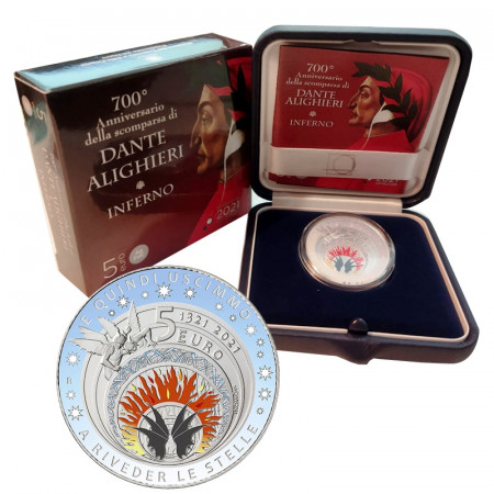 2021 * 5 Euro Plata ITALIA "700 Muerte de Dante Alighieri: Infierno" Color FDC