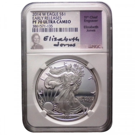 2014 W * 1 Dólar Plata 1 OZ Estados Unidos "Liberty - Silver Eagle - E. Jones" PF70 Ultra Cameo