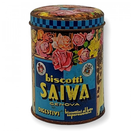 1960ca *Caja, Tarro de Hojalata "SAIWA, Biscotti Digestivi - Genova" (B)