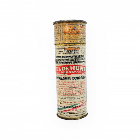 1900ca *Caja, Tarro de Hojalata "Sel de Hunt, Granulare Friabile - Anti Dispeptico Anti Gastralgico - Laboratori Bonetti Fratelli Via Comelico 36 Milano" (B)