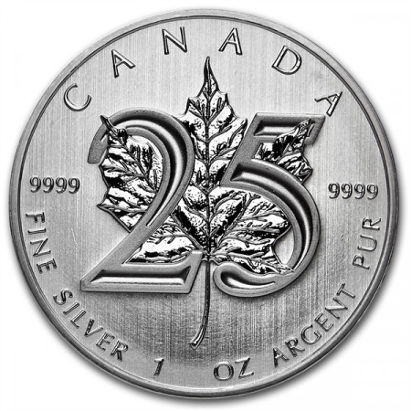 2013 * 5 Dólars de plata 1 OZ Maple Leaf Canadà 25° Aniversario