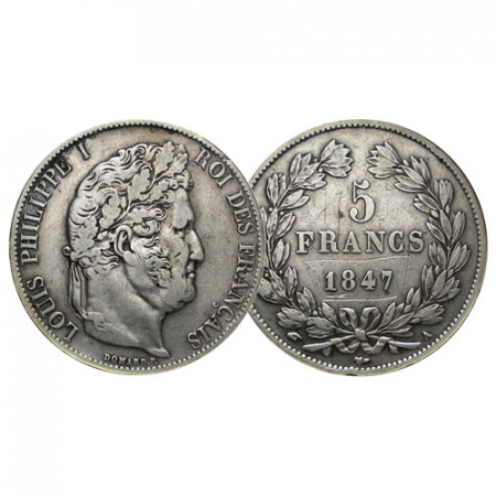 1847 A * 5 Francs Plata Francia "Domard - Luis Felipe I" Paris (KM 749.1) BC+