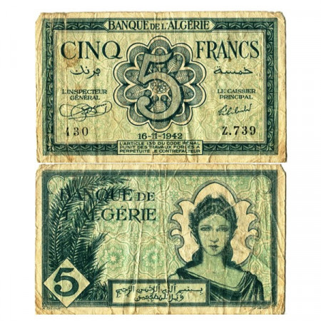 1942 * Billete Argelia 5 Francs "Ocupación Aliada" (p91) RC+