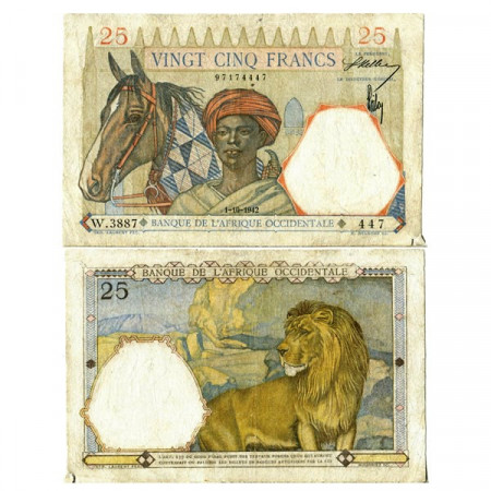 1942 * Billete África Occidental Francesa - French West Africa 25 Francs "Lion" (p27) BC+