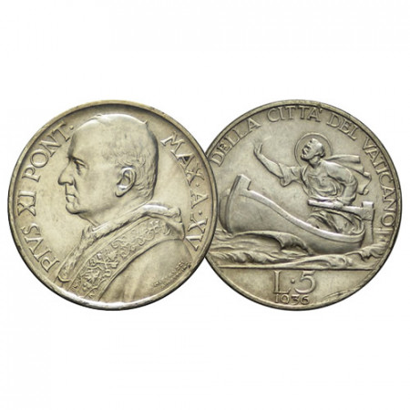 1936 XV * 5 Lire Plata Vaticano "Pío XI - San Pedro" (KM 7) MBC+