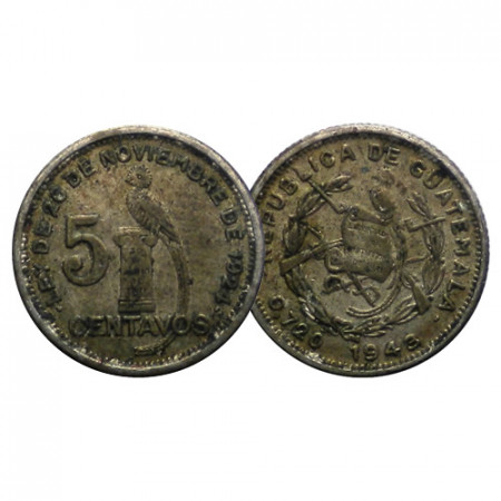 1943 * 5 Centavos Plata Guatemala "Quetzal on Column" (KM 238.2) MBC