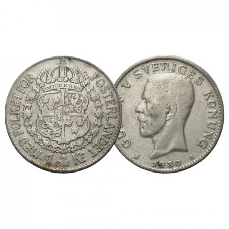1930 G * 1 Krona Plata Suecia "Gustavo V - Escudo" (KM 786.2) MBC