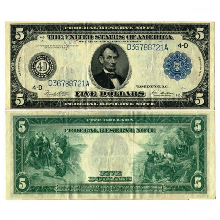 1914 * Billete Estados Unidos de América 5 Dollars "Lincoln - Blue Seal" (p359b) MBC+