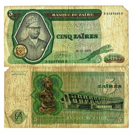 1975 * Billete Zaire 5 Zaires "Mobutu Sese Seko" (p21a) BC