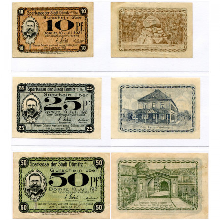 1922 * Lote 3 Notgeld Alemania 10 . 25 . 50 Pfennig "Mecklemburgo-Pomerania - Domitz" (278)