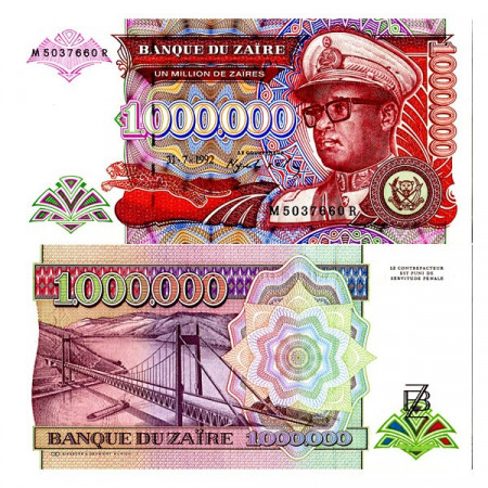 1992 * Billete Zaire 1 Millon - 1.000.000 Zaires "Mobutu Sese Seko" (p44a) SC