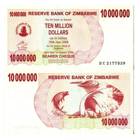 2008 * Billete Zimbabue 10 Millones - 10.000.000 Dollars "Bearer Cheque" (p55b) SC