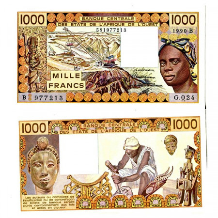 1990 B * Billete Estados África Occidental "Benín" 1000 Francs "Mining" (p207Bi) SC