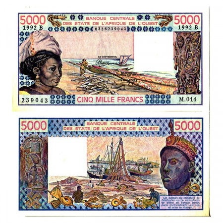1992 B * Billete Estados África Occidental "Benín" 5000 Francs "Fishery" (p208Bo) SC