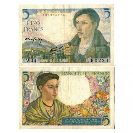 1943 * Billete Francia 5 Francs "Berger" (p98a) MBC+