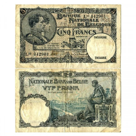 1928 * Billete Bélgica 5 Francs "King Albert - Queen Élisabeth" (p97b) BC