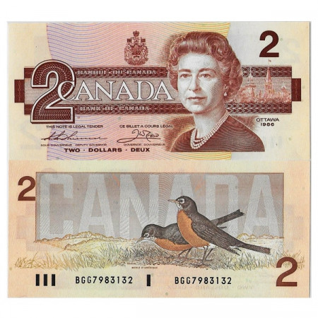 1986 * Billete Canadá 2 Dollars "Elizabeth II - Robins" (p94b) SC