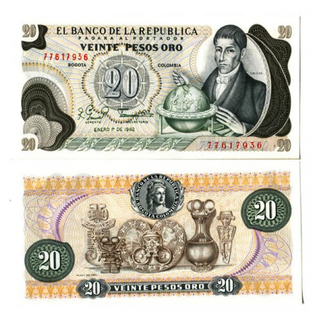 1982 * Billete Colombia 20 Pesos Oro "Francisco José de Caldas" (p406d) SC