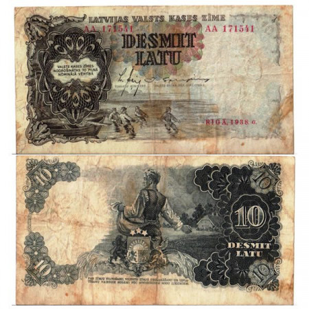 1938 * Billete Letonia 10 Latu "Fishermen - Farmer" (p29b) BC