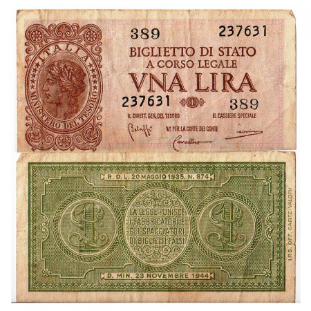 1944 * Billete Italia Luogotenenza 1 Lira "Laureata - Bolaffi" BS.18 (p29b) MBC