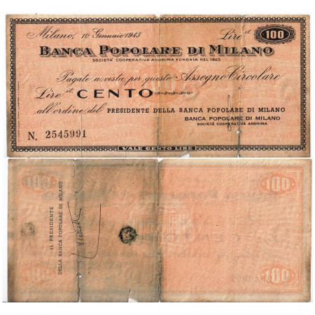 1945 * Cheque Italia RSI 100 Lire "Banca Popolare di Milano" BC