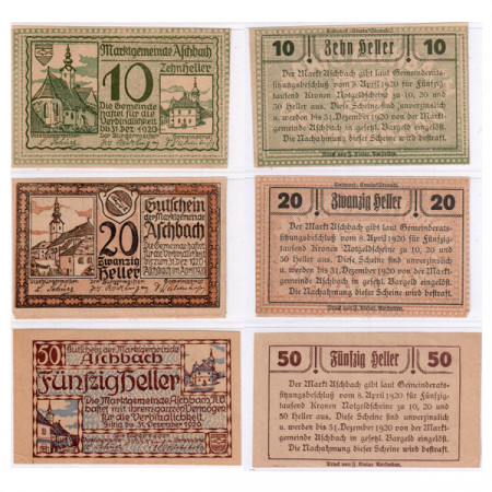 1920 * Lote 3 Notgeld Austria 10 . 20 . 50 Heller "Baja Austria – Aschbach" (FS 55)