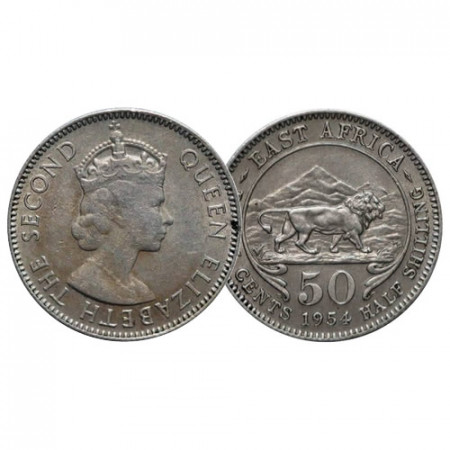 1954 * 50 Cents - 1/2 Shilling África Oriental Británica - British East Africa "Isabel II" (KM 36) MBC/MBC+