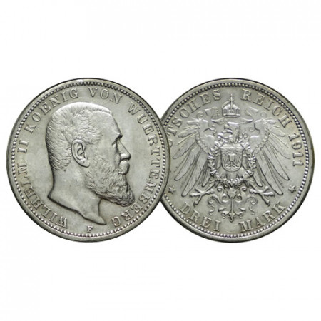 1911 F * 3 Mark Plata Estados Alemanes "Wurtemberg - Guillermo II" (KM 635) MBC+/cEBC