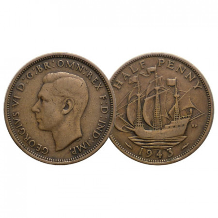 1943 * Half 1/2 Penny Gran Bretaña "Jorge VI - Golden Hind" (KM 844) MBC