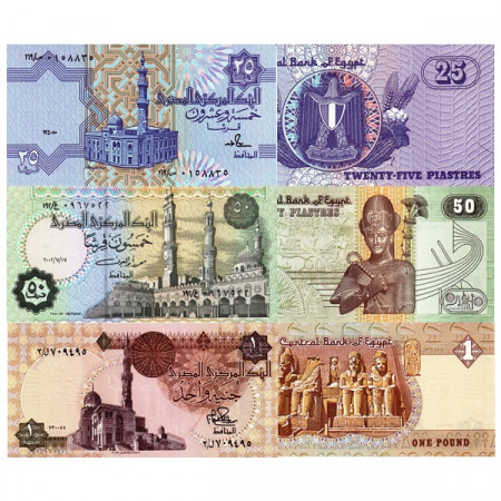 Mix * Lote 3 Billete Egipto 25, 50 Piastres, 1 Pound "1978-2016 Issue" (p50, 57, 62) SC
