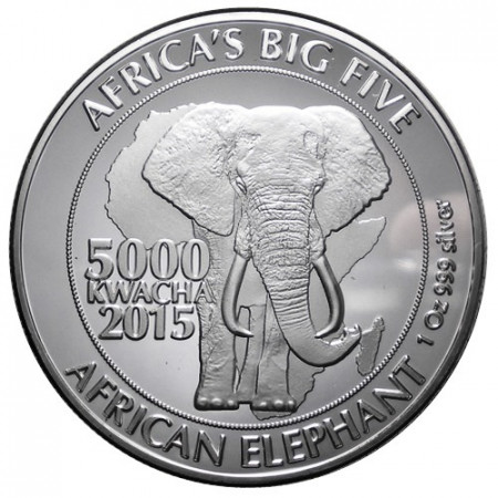 2015 * 5000 Kwacha Plata 1 OZ Zambia "Elefante Africano" Proof