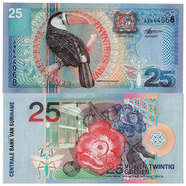 thumbnail image 2 of Suriname 25 Gulden Banknote – 1998, UNC, P-138d – 5 Consecutive PCS Lot 2 of 5